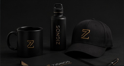 Merchandising corporativo con productos negros y acentos dorados