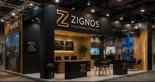 Stand corporativo con gráfica premium y espacios de atención